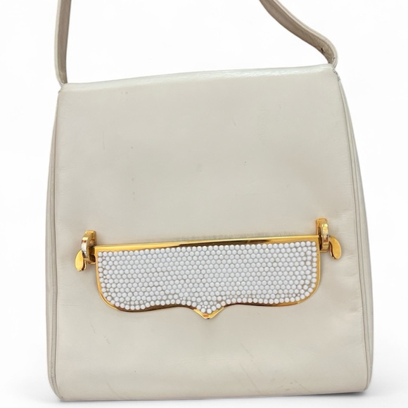 Judith Leiber Pristine White LeatherShoulder BagCrystal Arc/Scoop Flap/pocket